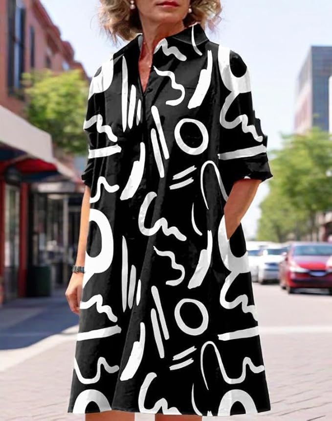 Womens 2025 Long Sleeve Button Down Shirt Summer Dress Casual V Neck Loose Fit Midi Shirt Dresses with Pockets