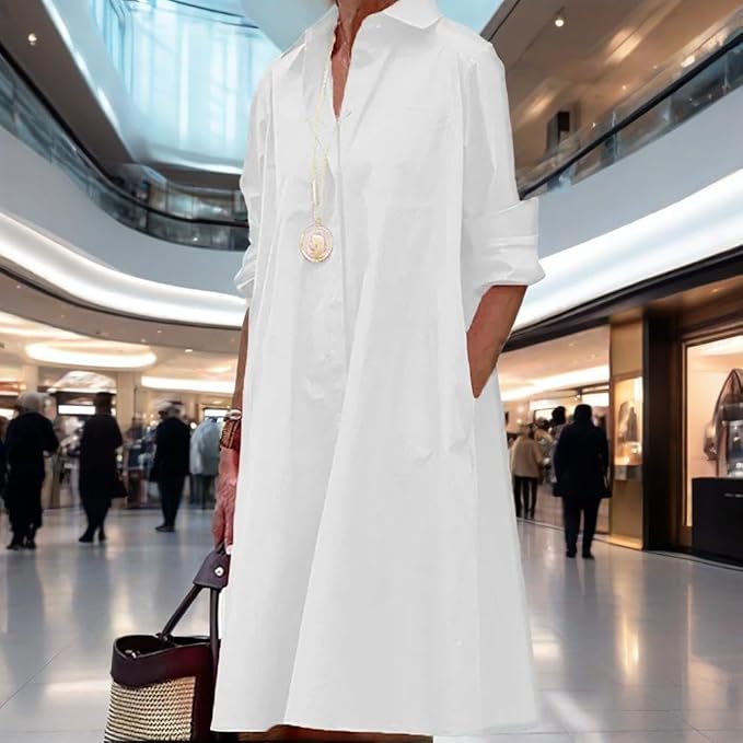 Womens 2025 Long Sleeve Button Down Shirt Summer Dress Casual V Neck Loose Fit Midi Shirt Dresses with Pockets