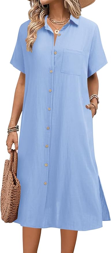HOTOUCH Womens Dress Summer Casual Midi Short Sleeve Button Down Shirt Dresses Loose Beach Cover Up with Pockets