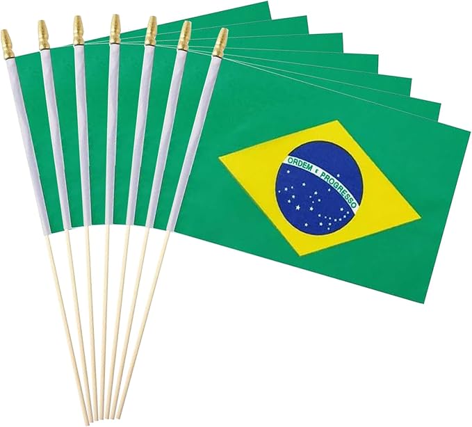 GSYLPFT 12 Pack Brazil Flags on Sticks Brazilian Small Mini Hand Held Flags for Office Classroom Holiday Party Decorations