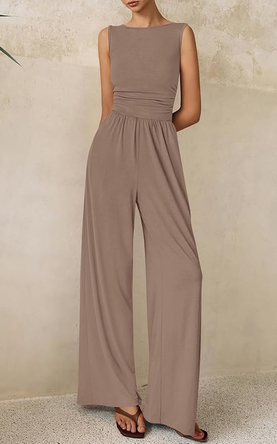 PRETTYGARDEN One Piece Jumpsuits for Women Dressy Casual Sleeveless Crewneck Wide Leg Rompers Jumpers Vacation Summer Outfits