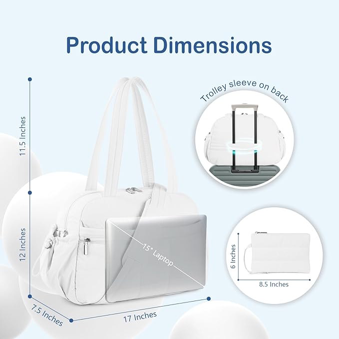 TOPDesign Travel Duffel Bag for Women, Puffer Gym Bag Sports Tote with Wet Pocket, Carry On Weekender with Luggage Sleeve (White)