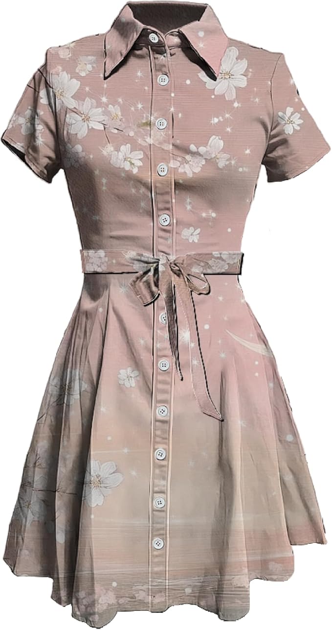 MARSVOVO Cute T Shirt Dress for Women Short Sleeve Button Up Tie Waist Elegant Casual Collared Smocked Midi Dress