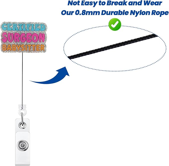Certified Surgeon Babysitter Funny Badge Reel, Glitter Retractable Medical ID Card Badge Holder, Name Tag Work Clip for Surgeon Doctors | Night Shift Nurse, RN CNA LPN MA Badge Buddy