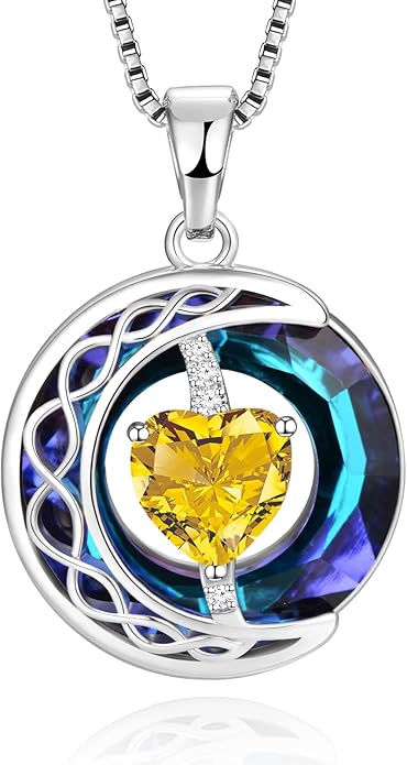 LIANYU Necklace for Womens Blue Sapphire Necklace Moon Pendant S925 Sterling Silver Crystal Jewelry for Women Pendant Birthday Gifts for Wife Gifts Valentine Anniversary