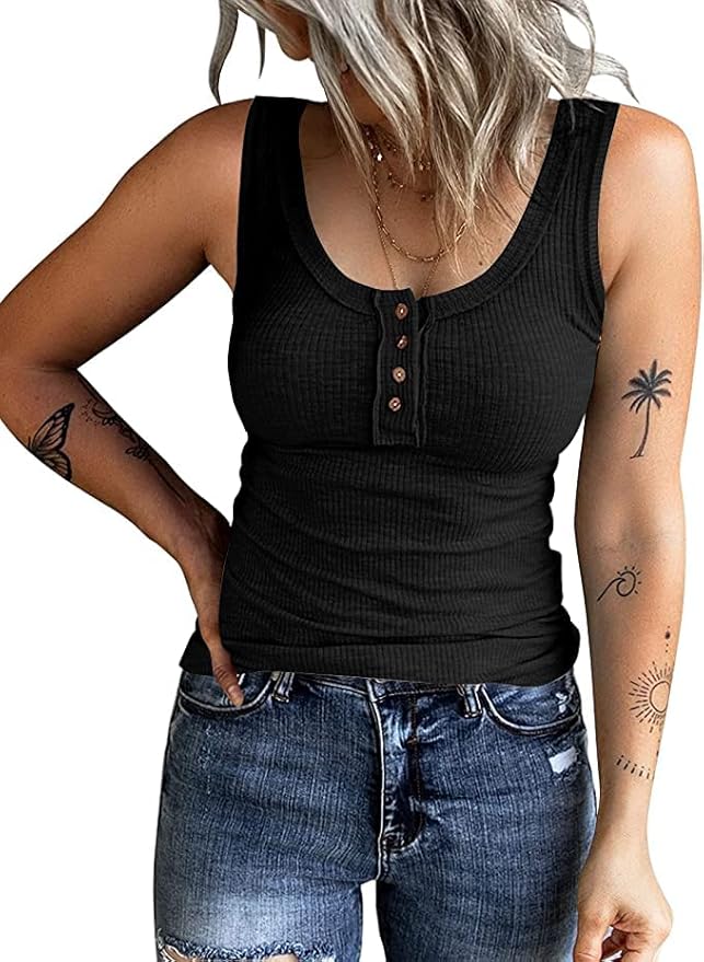 KINLONSAIR Women's Sleeveless Henley Tank Tops Ribbed V Neck Button Down T Shirts Summer Slim Fit Tee Tops