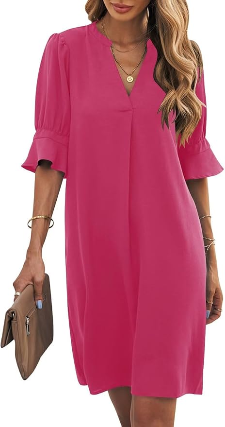Wkior Shift Dress for Women V Neck Short Sleeves Solid Color Casual Flowy Summer Dresses(S-2XL)