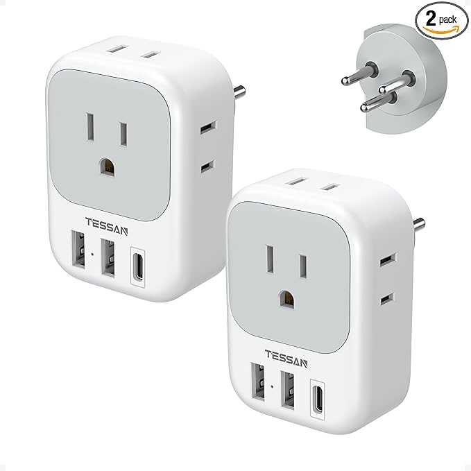 TESSAN Israel Adapter Plug 2 Pack, 7 in 1 US to Israel Power Adapter with 3 USB Ports (1 USB C Port) 4 American Outlets, Type H Travel Adaptor for USA to Jerusalem