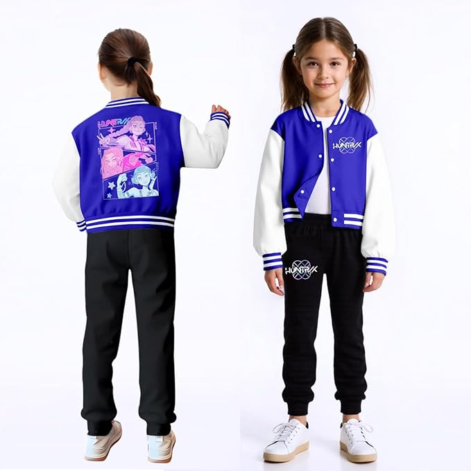 K PopGirls Kpop Tracksuit Cute Cartoon Print Baseball Coats Fashion Long Sleeve Jackets and Pants Christmas Costume Set