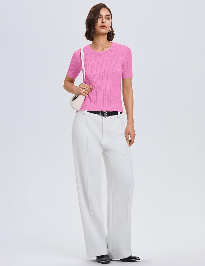 Micoson Womens Short Sleeve Cable Knit Sweater Tops Crewneck Lightweight Spring Summer Shirts Business Dressy Casual Outfits