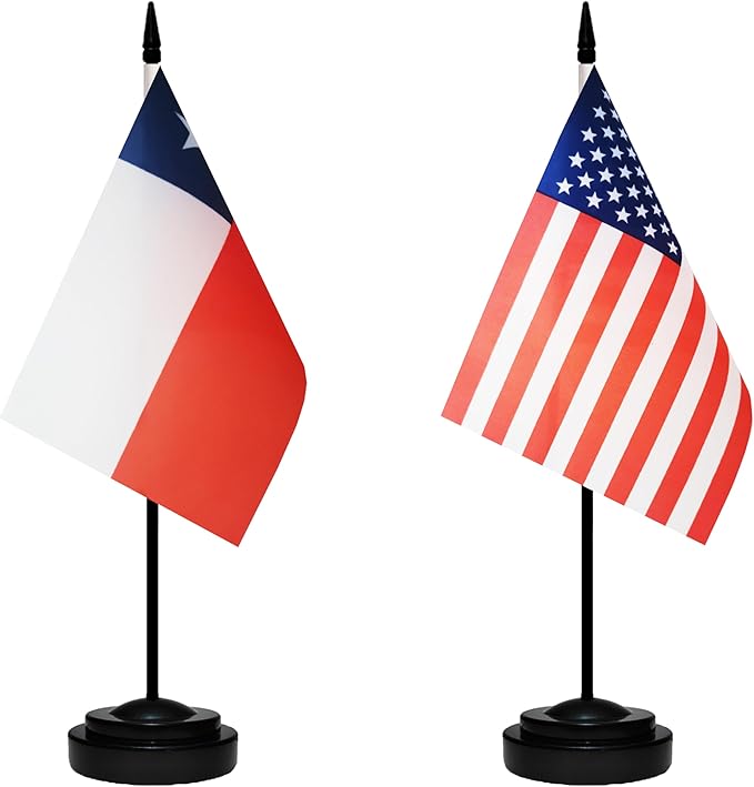 USA American & Chile Chilean Desk Flags, US Chile Office Table Flag, Small Mini Miniature Chilean and US Desktop Flag With 13" Solid Black Pole, Black Base