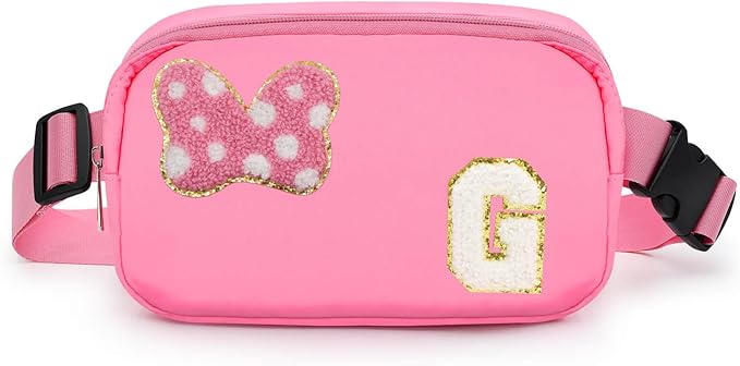 Chenille Initial Letter Bow Mouse Fanny Pack, Waterproof Park Crossbody Bag Christmas Birthday Gifts for Teen Girls Daughter Women Kids Adults, Cute Belt Bag Must Haves for Park Travel (G, Pink)