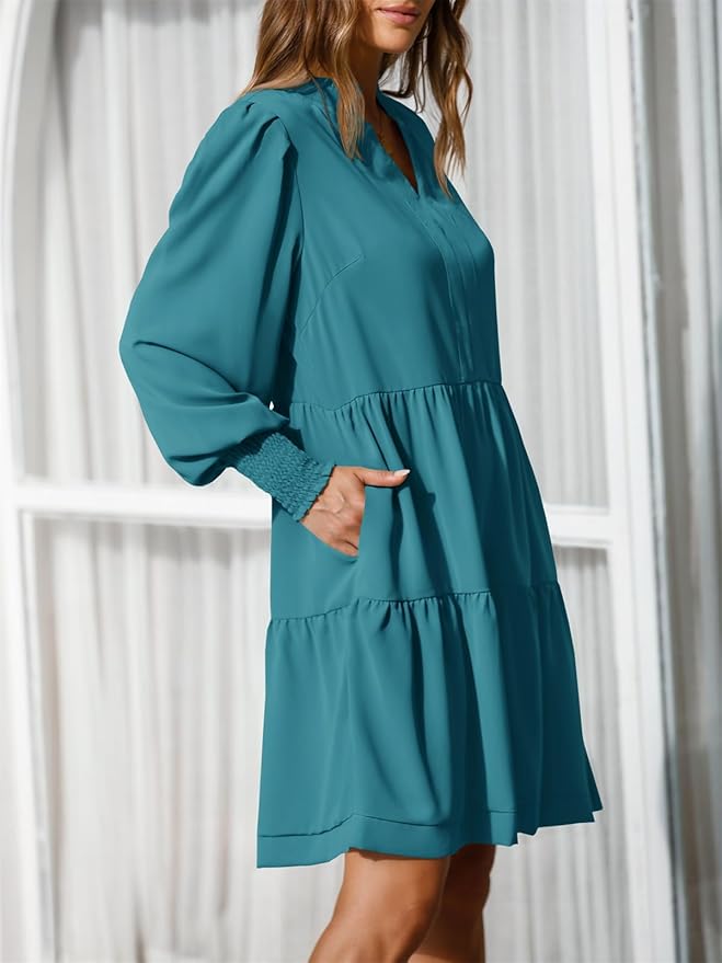 Imily Bela Womens Fall Long Sleeve Tunic Dress Casual V Neck Loose Ruffle Tiered Dress