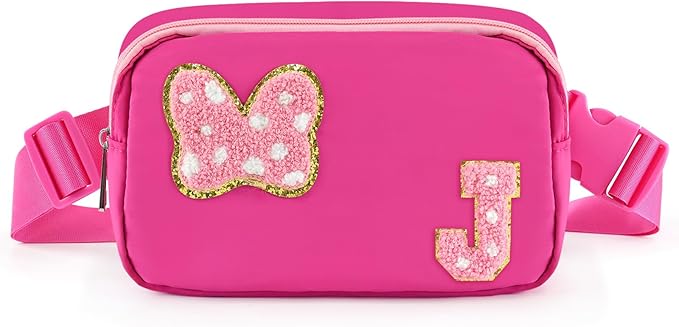 Chenille Initial Letter Bow Mouse Fanny Pack, Waterproof Park Crossbody Bag Christmas Birthday Gifts for Teen Girls Daughter Women Kids Adults, Cute Belt Bag Must Haves for Park Travel (J, Rose Red)