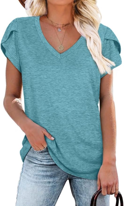 WIHOLL Womens Tops V Neck Summer Petal Sleeve Casual Tshirts