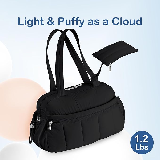 TOPDesign Travel Duffel Bag for Women, Puffer Gym Bag Sports Tote with Wet Pocket, Carry On Weekender with Luggage Sleeve (Black)