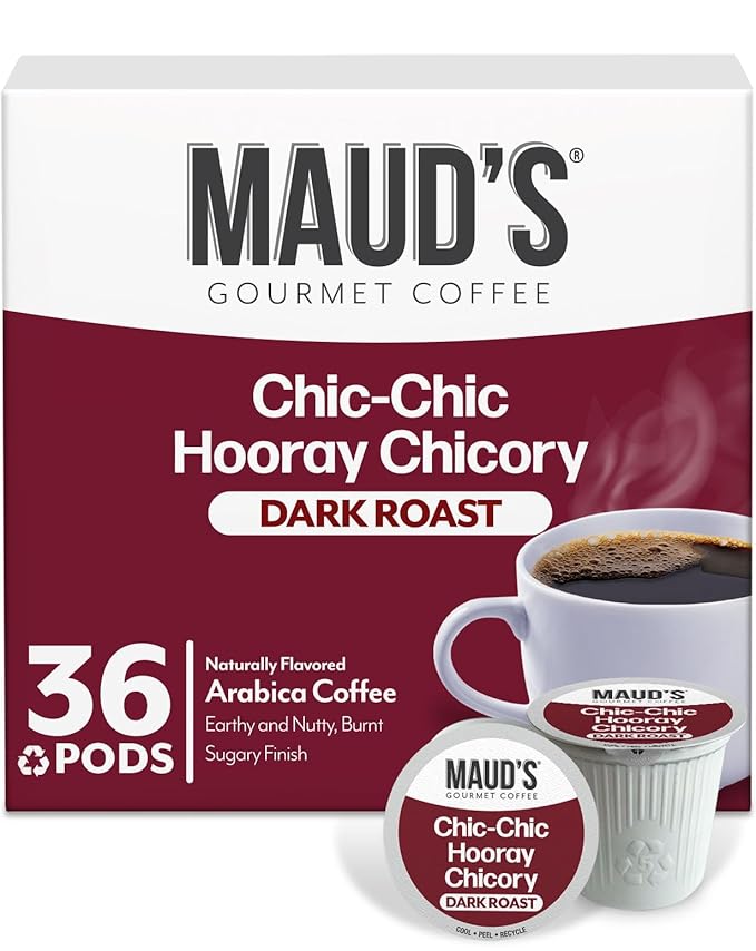 Maud's Chicory Flavored Coffee Pods, 36 ct, Dark Roast Flavored Coffee in Recyclable Single Serve Pods – 100% Arabica Beans, Compatible with Keurig K Cups Maker