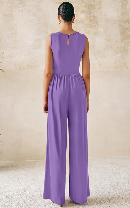 PRETTYGARDEN One Piece Jumpsuits for Women Dressy Casual Sleeveless Crewneck Wide Leg Rompers Jumpers Vacation Summer Outfits