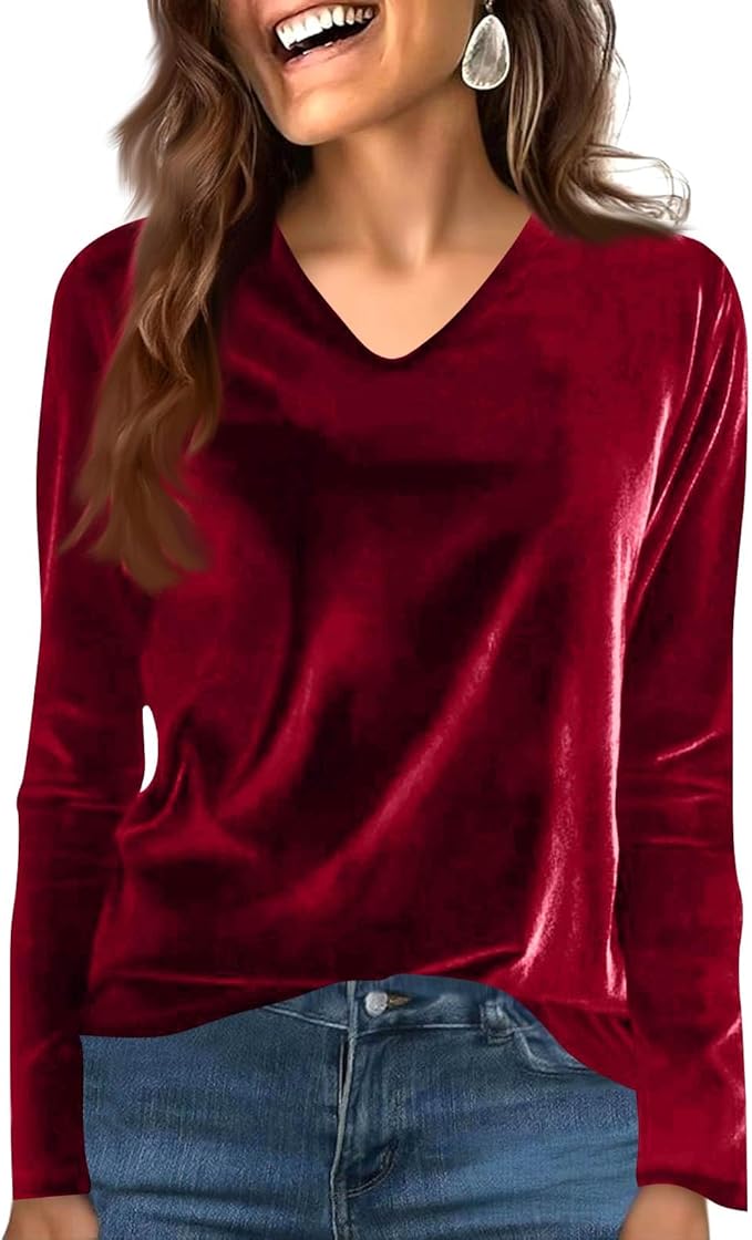 Velvet Tops for Women Dressy Casual V Neck Shirts Loose Fit Vintage Long Sleeve Velour Blouse Solid Holiday Party Outfits