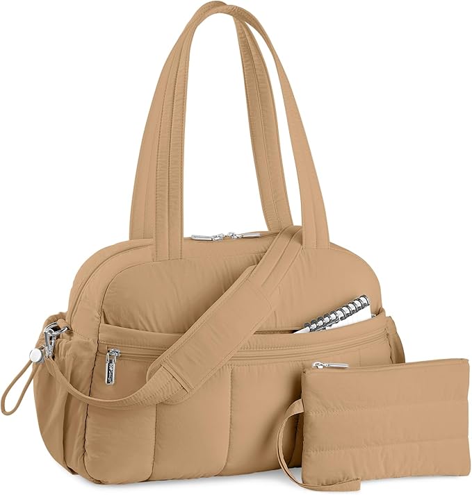 TOPDesign Travel Duffel Bag for Women, Puffer Gym Bag Sports Tote with Wet Pocket, Carry On Weekender with Luggage Sleeve (Khaki)