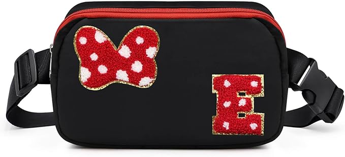 Chenille Initial Letter Bow Mouse Fanny Pack, Waterproof Park Crossbody Bag Christmas Birthday Gifts for Teen Girls Daughter Women Kids Adults, Cute Belt Bag Must Haves for Park Travel (E, Black)