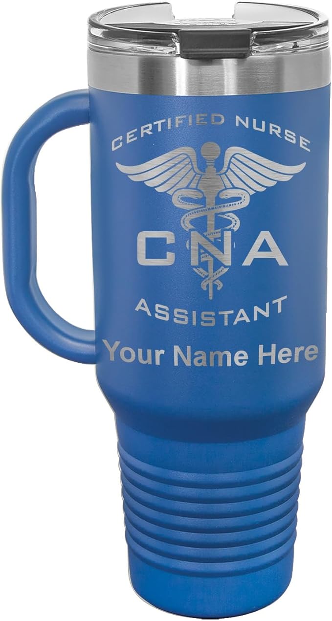 LaserGram 40oz Vacuum Insulated Travel Mug with Handle, CNA Certified Nurse Assistant, Personalized Engraving Included (Dark Blue)