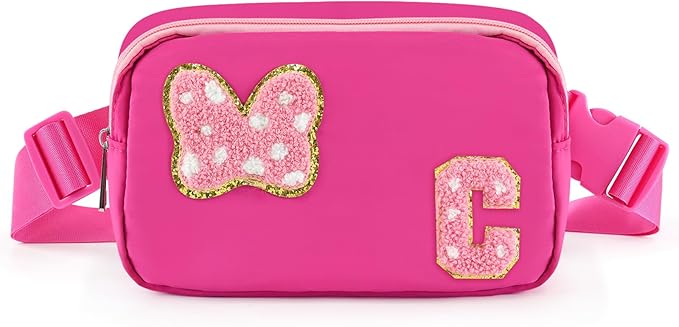 Chenille Initial Letter Bow Mouse Fanny Pack, Waterproof Park Crossbody Bag Christmas Birthday Gifts for Teen Girls Daughter Women Kids Adults, Cute Belt Bag Must Haves for Park Travel (C, Rose Red)