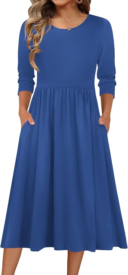 Zeagoo 3/4 Sleeve Women's Dress Casual Flowy A-Line Midi Tshirt Dresses with Pockets Crewneck Vocation Boho Beach Sundress