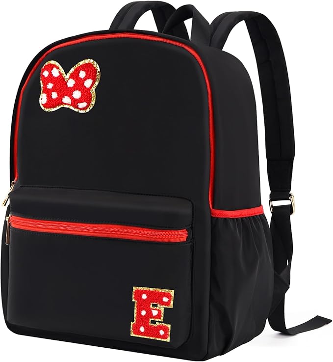 Preppy Initial Bow Mouse Backpacks for Girls 14.6 Inch, Black Kids Backpacks Ages 3-10 for Park Travel Preschool Elementary School, Lightweight Bookbag Birthday Back to School Gifts for Little Girls E