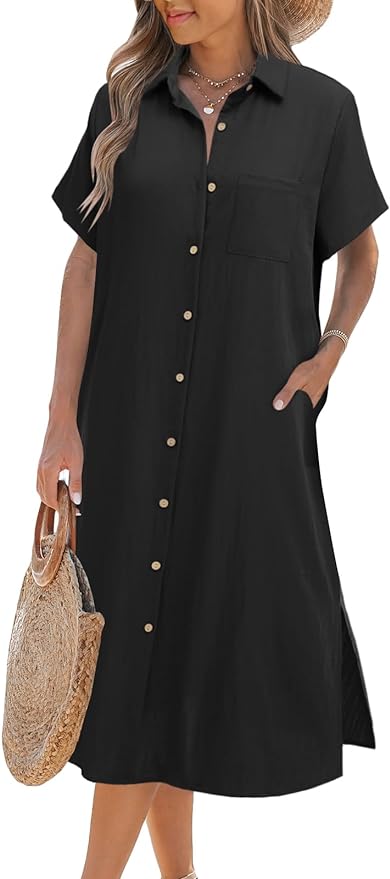 Zeagoo Women Dresses Summer Casual Short Sleeve Button Down Shirt Dresses 2025 Beach Cover Up with Pockets