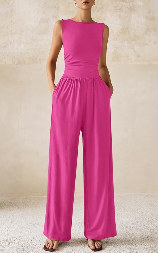 PRETTYGARDEN One Piece Jumpsuits for Women Dressy Casual Sleeveless Crewneck Wide Leg Rompers Jumpers Vacation Summer Outfits