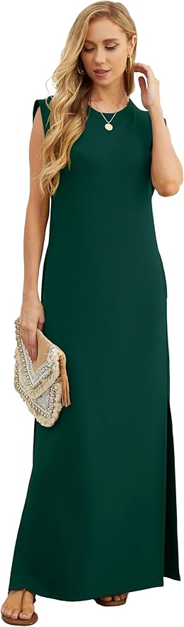 GRECERELLE 2026 Women Year-Round Casual Round Neck Loose Split Wrinkle-Free Long Maxi Vacation Dress with Pockets (XXS-4XL)