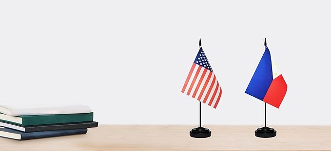 USA American & Philippines Filipino Philippine Desk Flags, US Philippines Office Table Flag, Small Mini Miniature Philippine and US Desktop Flag With 13" Solid Black Pole, Black Base
