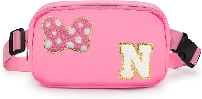 Chenille Initial Letter Bow Mouse Fanny Pack, Waterproof Park Crossbody Bag Christmas Birthday Gifts for Teen Girls Daughter Women Kids Adults, Cute Belt Bag Must Haves for Park Travel (N, Pink)