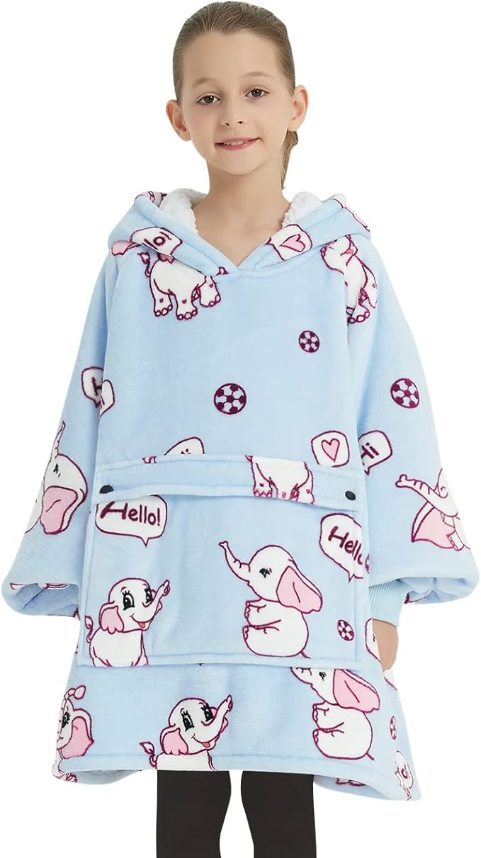 KFUBUO Wearable Blanket Hoodie for Kids Sherpa Patterns Oversized Sweatshirt Blanket With Pocket 6-10 Year Old Girl Boy Birthday Gifts Elephant