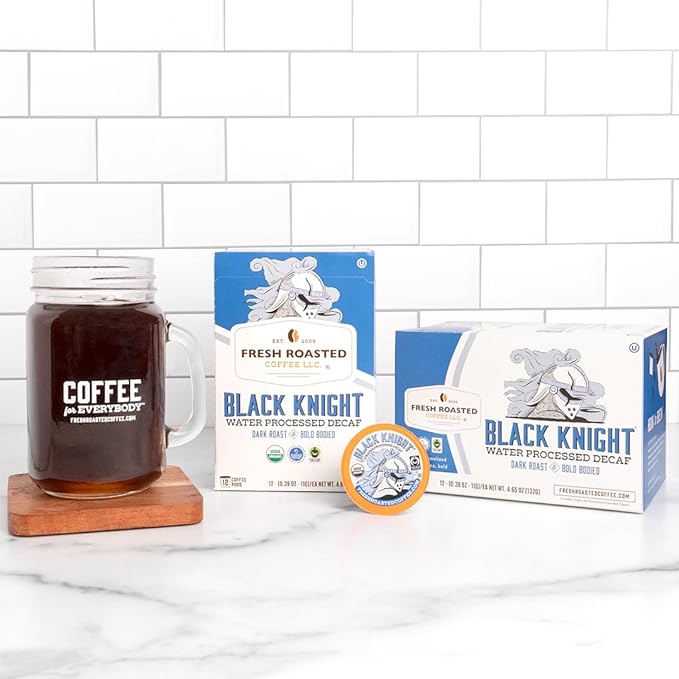 Fresh Roasted Coffee, Organic Black Knight Water-Processed Decaf | USDA Organic, Kosher | Dark Roast | 24 Pods for K Cup Brewers