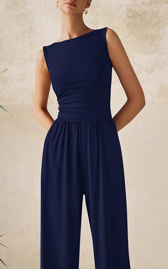 PRETTYGARDEN One Piece Jumpsuits for Women Dressy Casual Sleeveless Crewneck Wide Leg Rompers Jumpers Vacation Summer Outfits