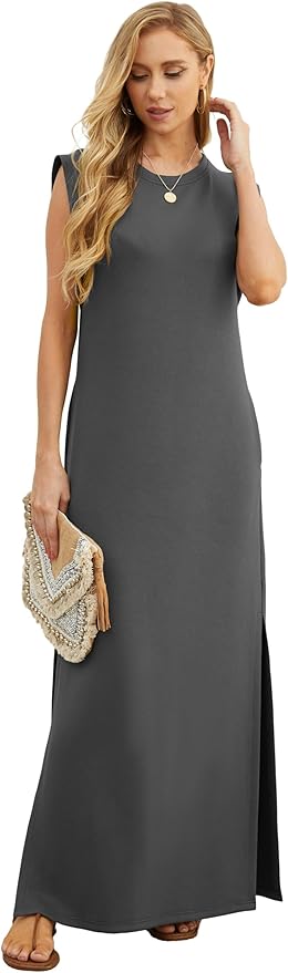 GRECERELLE 2026 Women Year-Round Casual Round Neck Loose Split Wrinkle-Free Long Maxi Vacation Dress with Pockets (XXS-4XL)