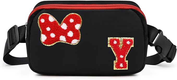 Chenille Initial Letter Bow Mouse Fanny Pack, Waterproof Park Crossbody Bag Christmas Birthday Gifts for Teen Girls Daughter Women Kids Adults, Cute Belt Bag Must Haves for Park Travel (Y, Black)