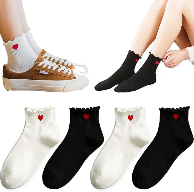 CHUNFO Cute Heart White Red Ankle Women Socks Frilly Fun Bear Pattern Long Crew Novelty Aesthetic Girls Sock 4 & More Pairs
