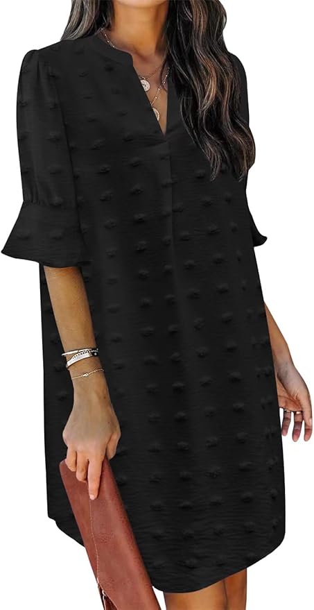 QACOHU Summer Dresses for Women V Neck Ruffle Short Sleeve Casual Shift Dress
