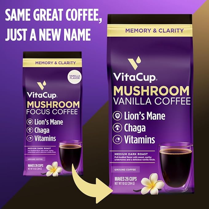 VitaCup Mushroom Coffee Grounds, Vanilla Flavored Coffee with Lions Mane, Chaga, B Vitamins, D3, Boost Focus, Immunity, Memory & Clarity, Medium Dark Roast, 100% Arabica Specialty, 4 bags, 10oz each
