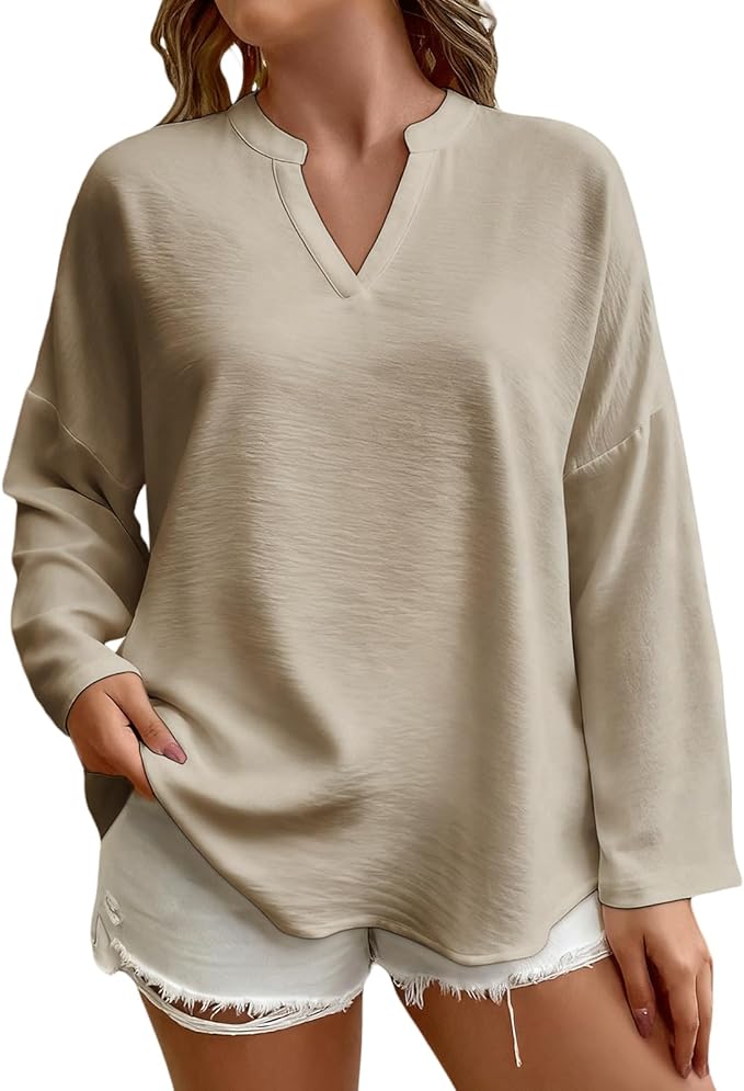 Elegant Shirts for Women Solid Color Long Sleeve V Neck Blouses Loose Comfy Business Work Casual Pullover Tops