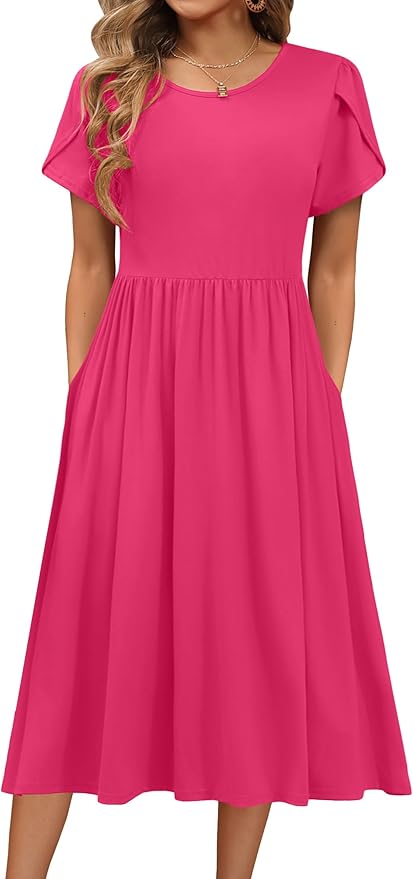HOTOUCH Women's Summer A-Line Midi Dresses 2026 Casual Floral Short Sleeve T-Shirt Dress Flowy Beach Sundress with Pockets