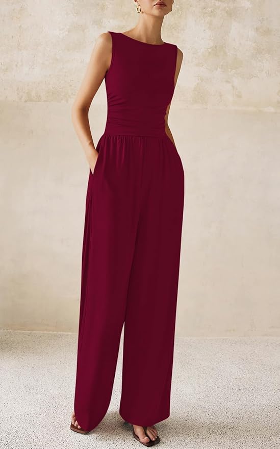 PRETTYGARDEN One Piece Jumpsuits for Women Dressy Casual Sleeveless Crewneck Wide Leg Rompers Jumpers Vacation Summer Outfits