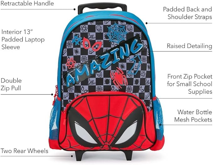 Disney Store Official Spider-Man Rolling Backpack - Kids Backpack with Embroidered Accents, Adjustable Straps, Zip Compartments & Mesh Pockets, Screen Art Featuring Spiderman