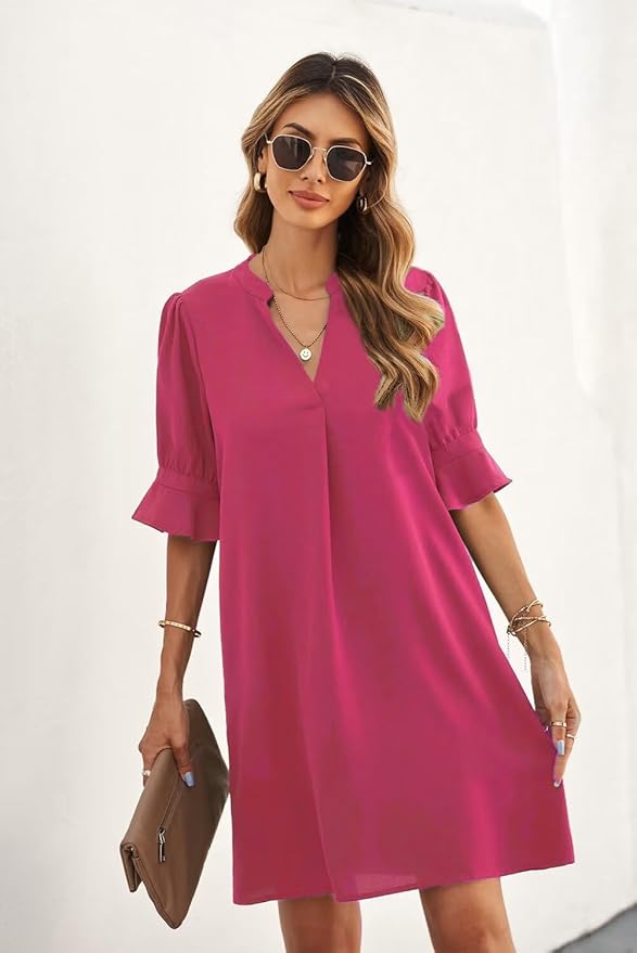 Wkior Shift Dress for Women V Neck Short Sleeves Solid Color Casual Flowy Summer Dresses(S-2XL)