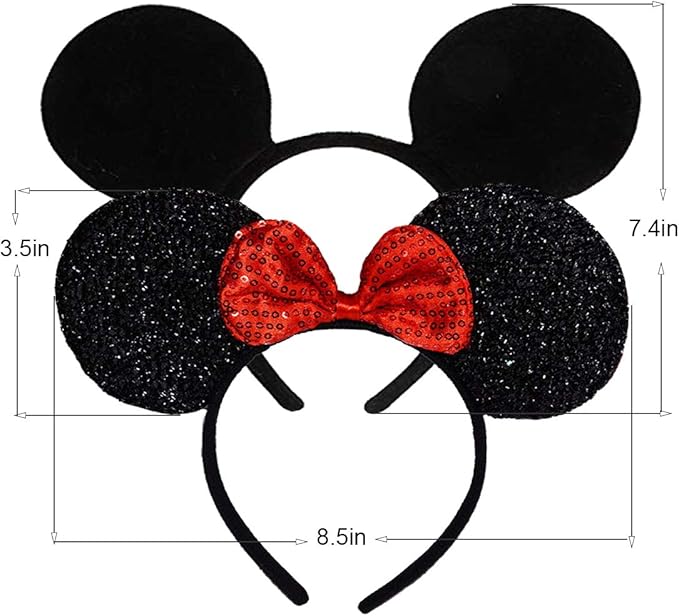 FANYITY Mouse Ears Headbands Sequin Hair Band for Girls Women Boys Party, 2 Pieces (RED&BLACK)