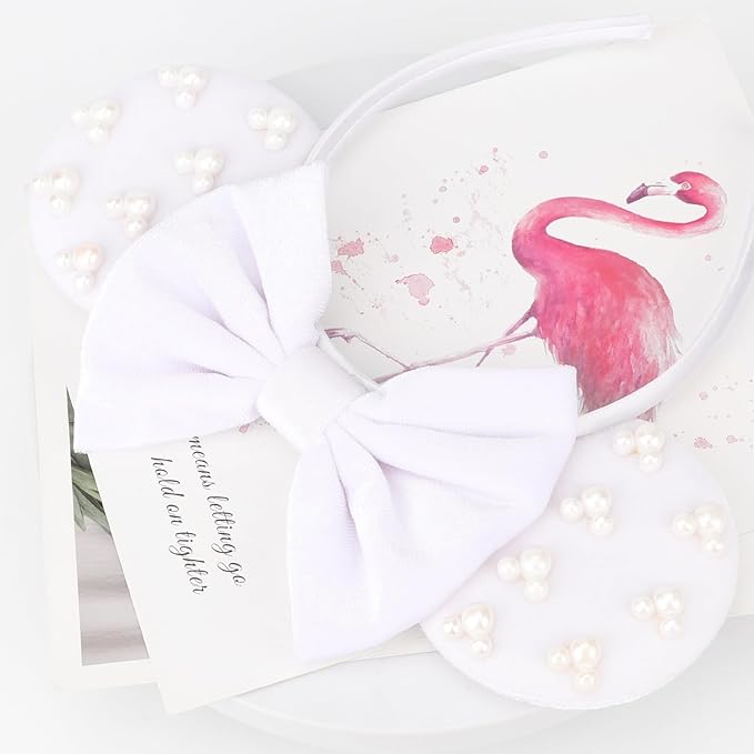 DRESHOW Mouse Ears Headbands for Women Plain White Pearl Mickey Ears Hairbands Bow Head Bands Velvet Head Band Cosplay Costume Princess Party Decorations Disney Trip