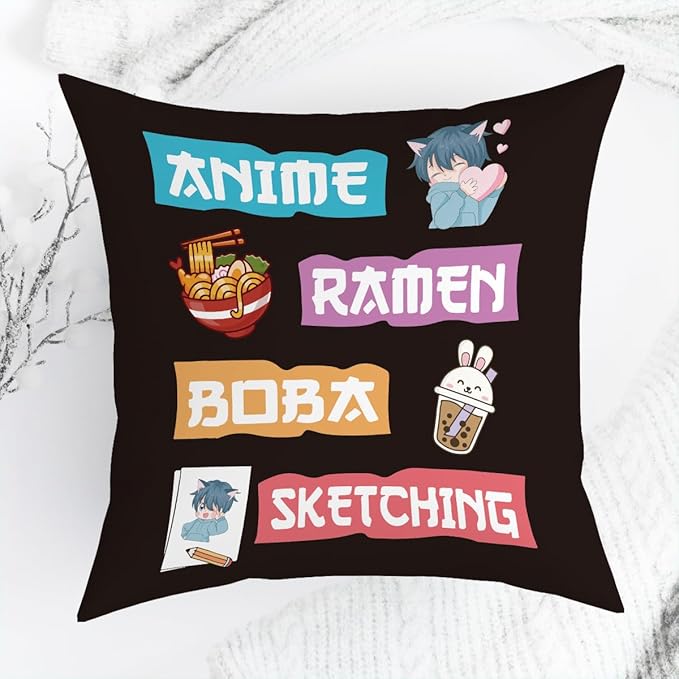NGLIV Anime Decor, Just a Girl Who Loves Ramen Boba Sketching Room Decorative Throw Pillow Covers, Anime Lovers for Home Living Room Girl Women Bedroom Decoration Gifts